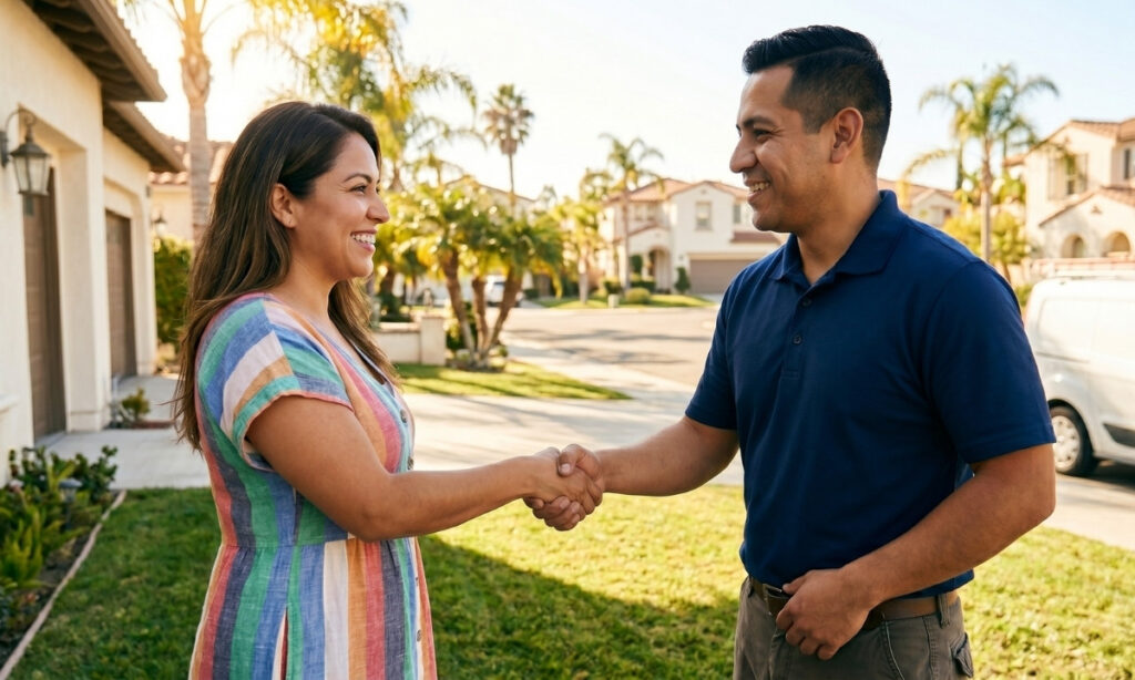 Happy Los Angeles homeowner consulting with a licensed LSP Plumbing technician about pipe replacement services