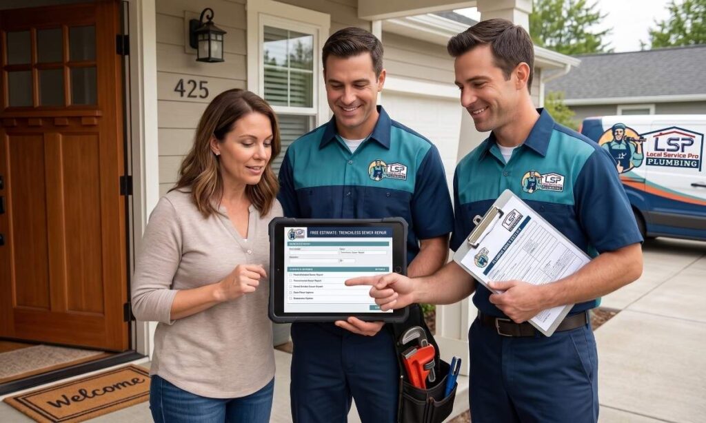 LSP Plumbing licensed technicians providing a free sewer line replacement estimate to a Los Angeles homeowner