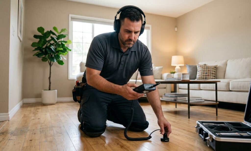 LSP Plumbing technician using acoustic leak detection equipment to locate a slab leak in a Woodland Hills home