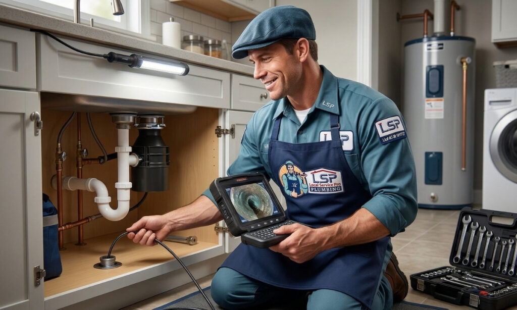 Licensed LSP Plumbing technician performing a pipe camera inspection during an emergency plumbing call in Encino, CA