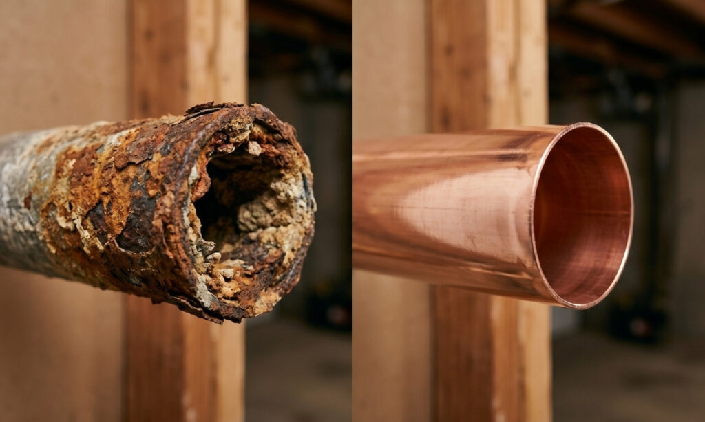 Corroded galvanized pipe compared to new copper pipe, showing why Los Angeles homeowners need repiping