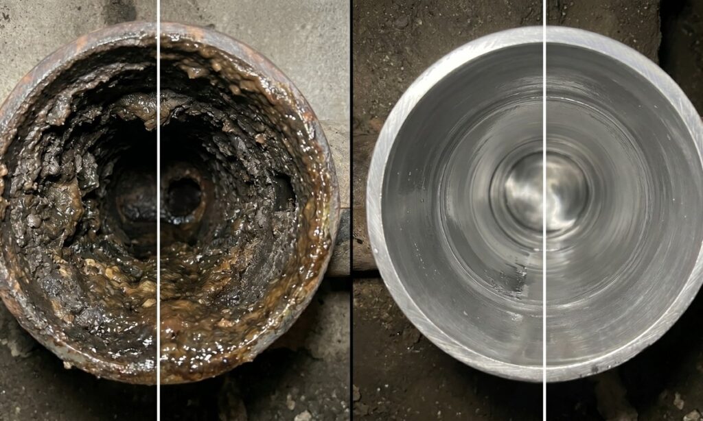 Before and after comparison of a sewer pipe interior showing grease buildup removed by hydrojetting in Los Angeles