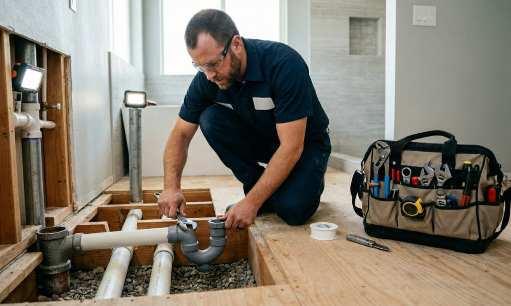 LSP Plumbing technician installing a freestanding tub drain rough-in kit beneath a bathroom subfloor in Encino, CA