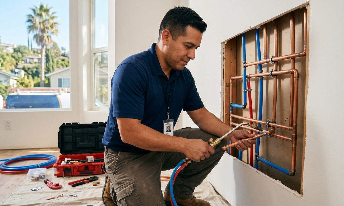 LSP Plumbing technician installing new copper pipes during a home repipe in Los Angeles