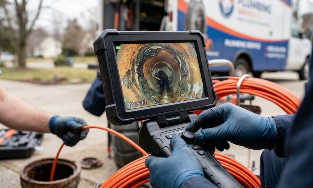 LSP Plumbing technician using a fiber optic drain camera inspection tool during a freestanding tub installation in Encino