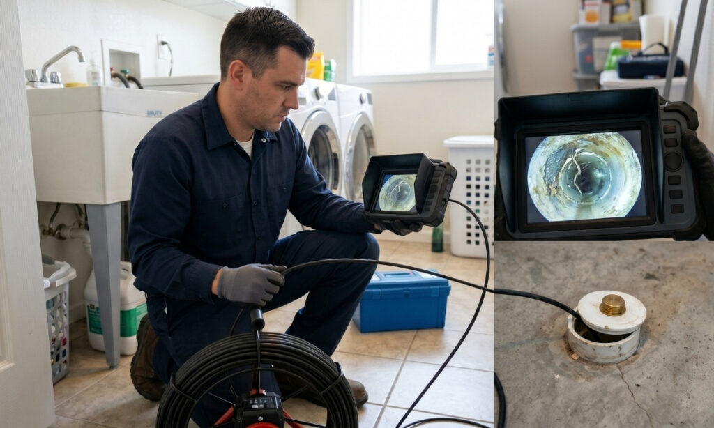 LSP Plumbing technician using a fiber optic camera to inspect a sewer line before hydrojetting in Los Angeles