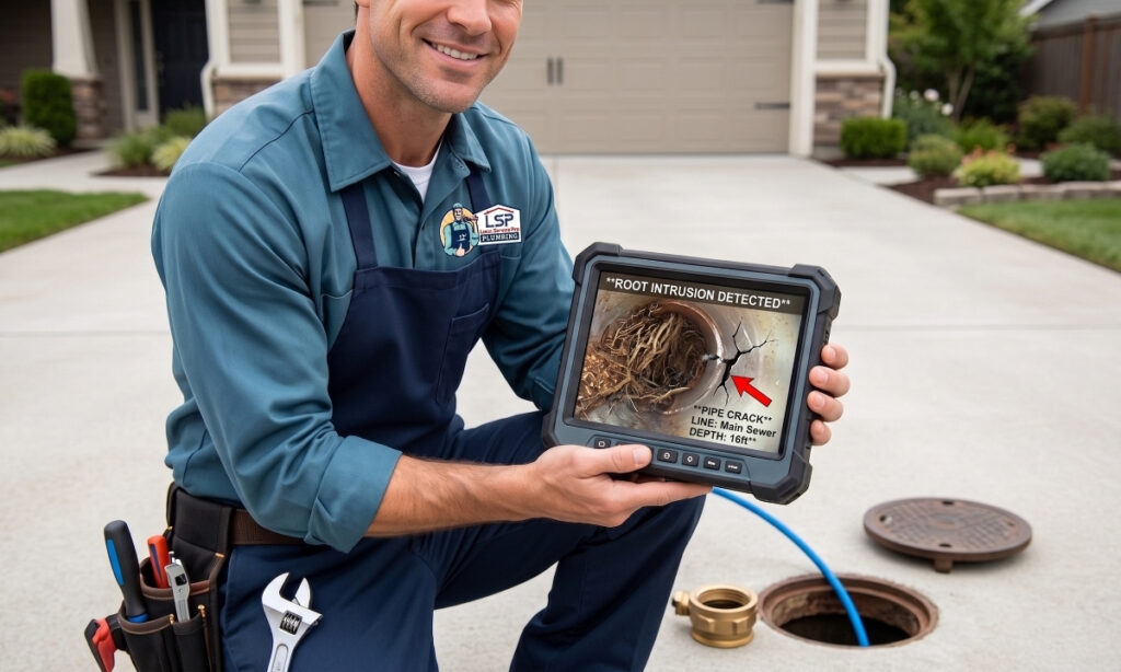 Licensed LSP Plumbing technician conducting a sewer camera inspection to diagnose pipe damage in Los Angeles
