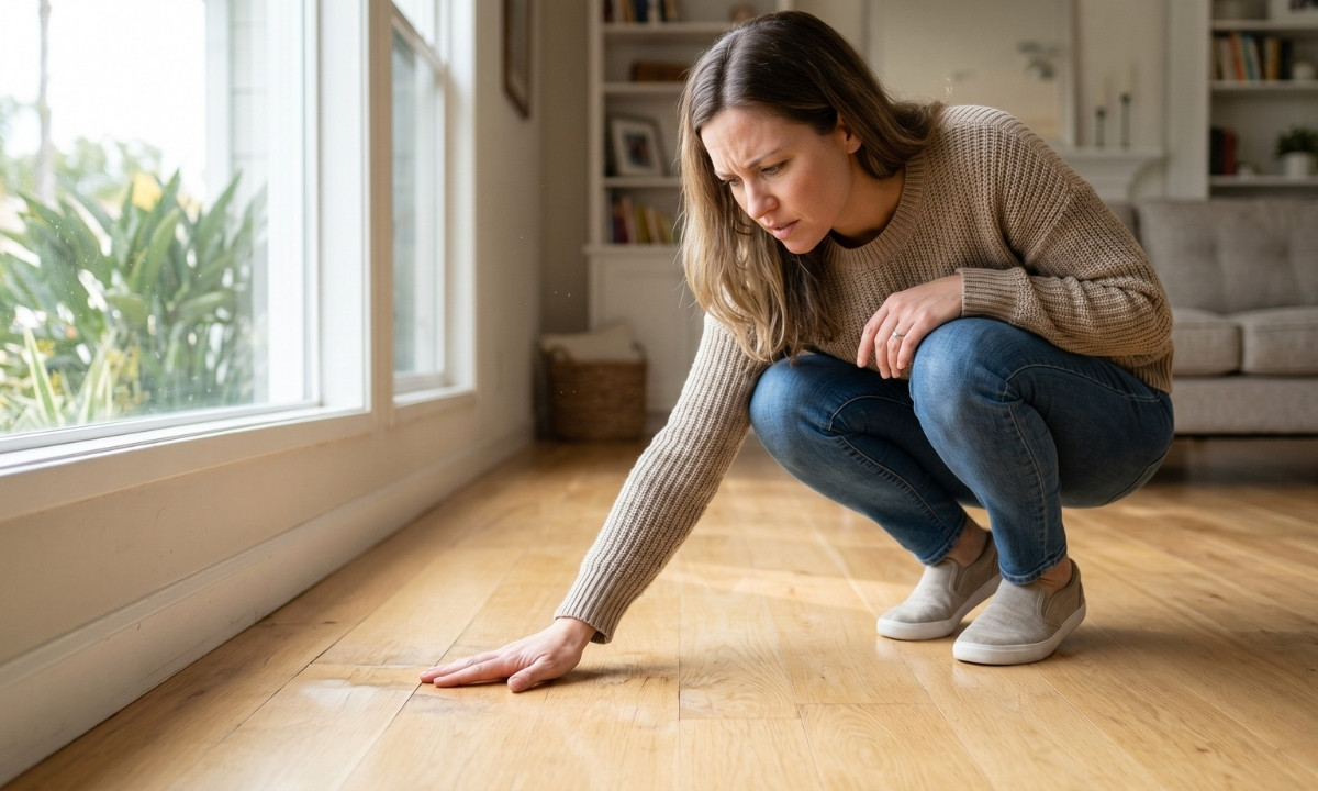 Homeowner checking warm buckled hardwood floor for signs of a slab leak in a Woodland Hills home