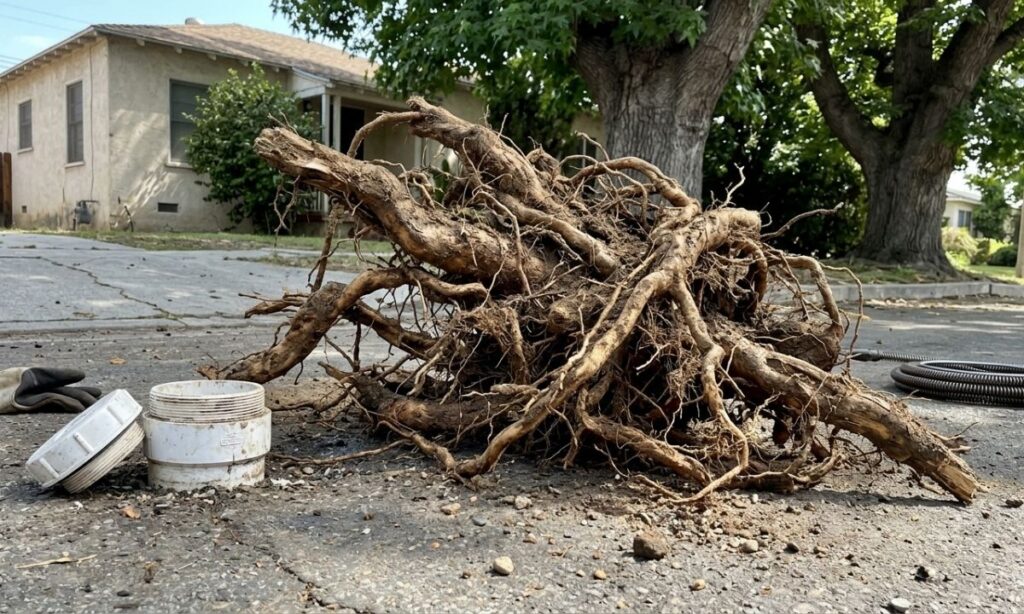 Tree roots removed from a sewer line using hydrojetting service in Los Angeles, a common issue in older neighborhoods