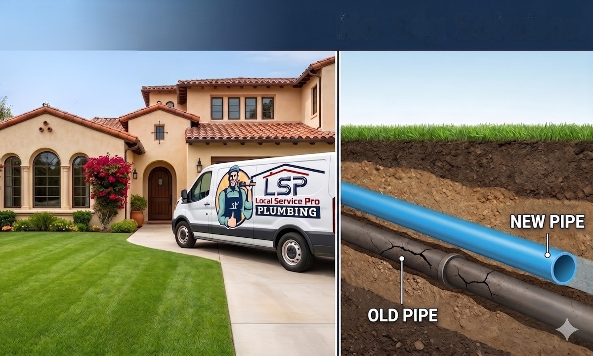 LSP Plumbing technician performing trenchless sewer line replacement at a Los Angeles home with no yard damage