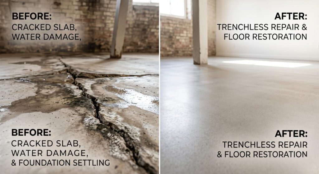 Before and after trenchless slab leak repair showing restored concrete foundation in a Woodland Hills home