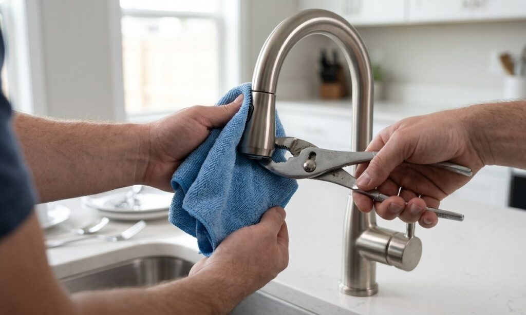 Homeowner using pliers to unscrew and clean a clogged kitchen faucet aerator.