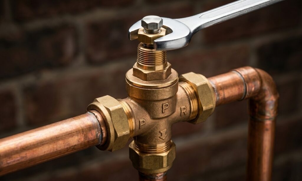 Close up of a wrench adjusting a brass pressure reducing valve on a water line.