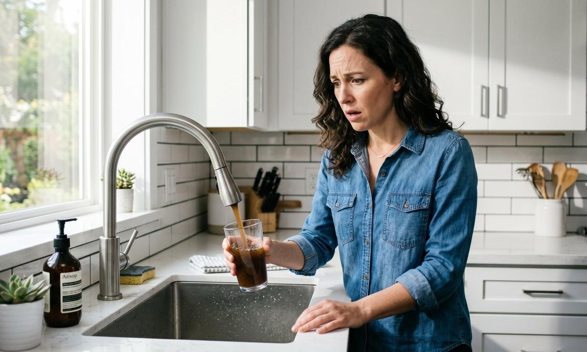 Homeowner holding a glass of brown water from the tap in a modern kitchen sink.