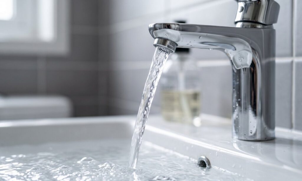 Crystal clear water flowing from a chrome faucet after fixing brown water from tap.