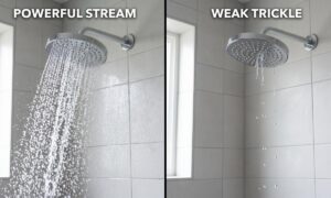 Comparison showing strong shower water pressure next to weak low water pressure.