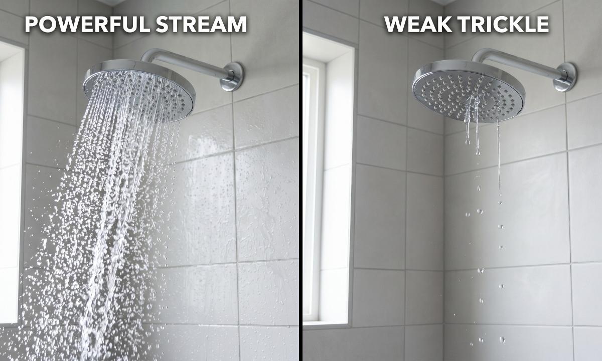 Comparison showing strong shower water pressure next to weak low water pressure.