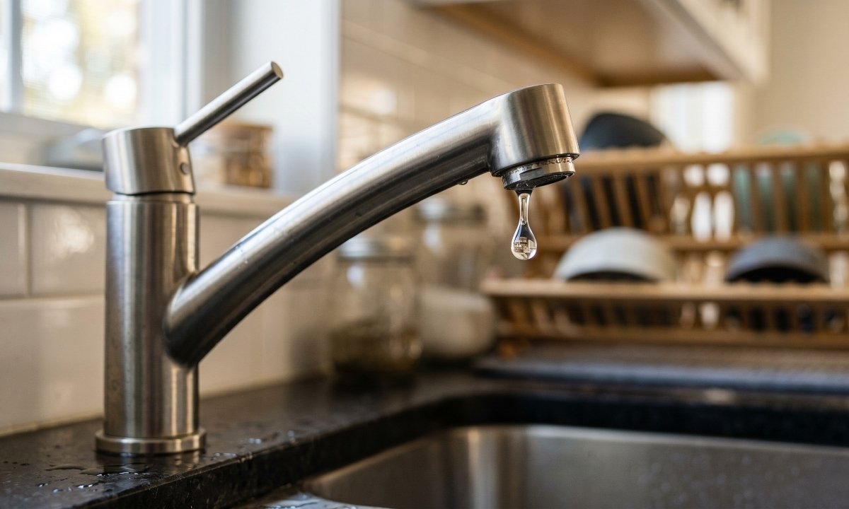 A close-up shot of a dripping kitchen faucet illustrating water waste and the need for DIY plumbing repair.