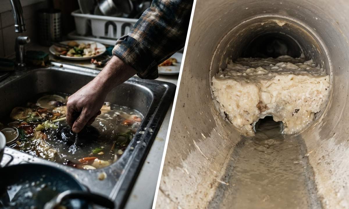 Clogged kitchen sink and a cross-section showing solidified grease buildup blocking a sewer pipe.
