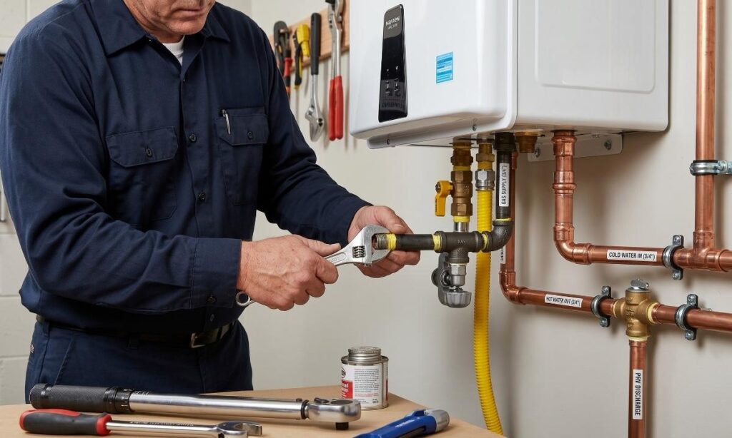 Licensed LA plumber connecting gas lines during a tankless water heater retrofit installation