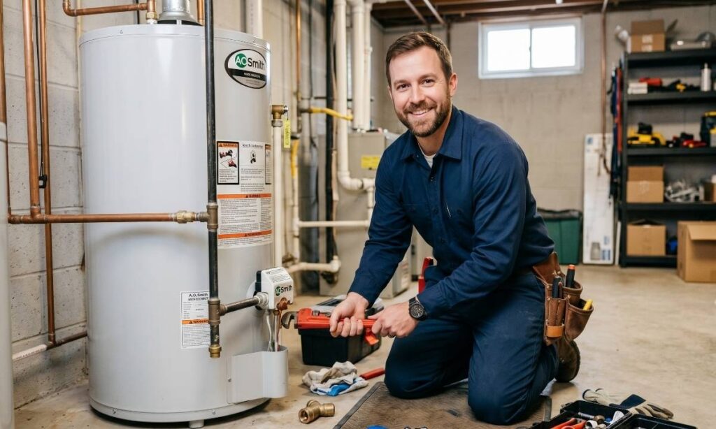 An LSP Plumbing technician fixing a system where hot water runs out so fast.