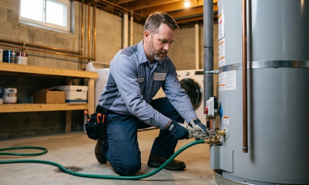 Professional plumber flushing sediment to fix brown water coming from the hot water heater.