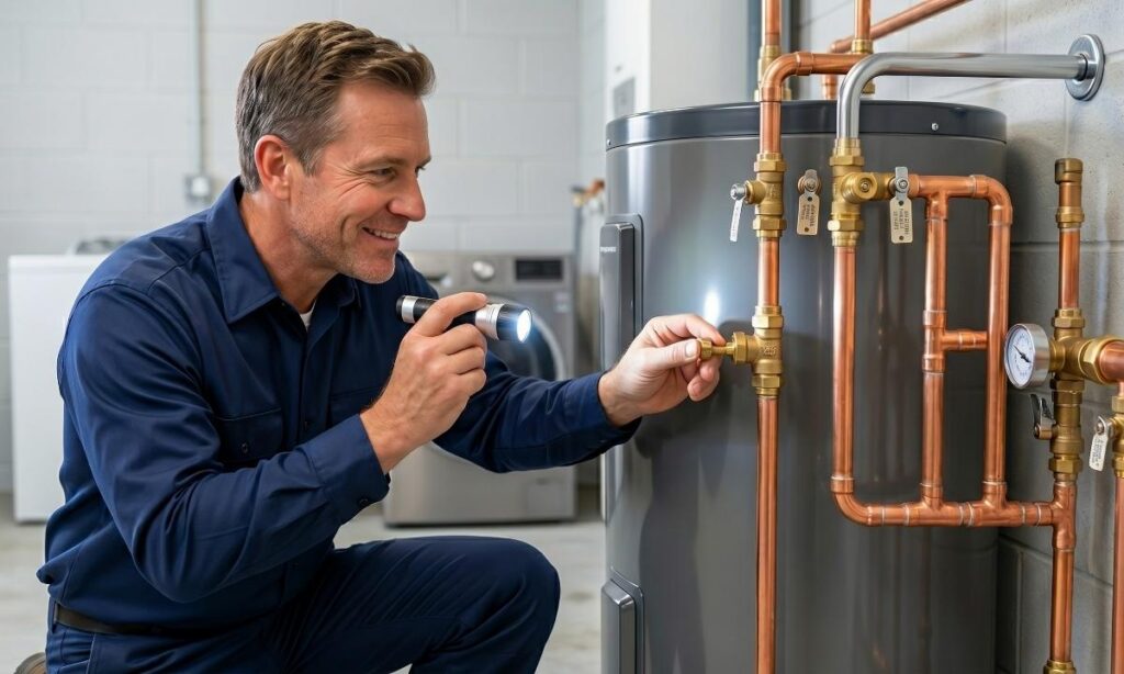 Professional plumber inspecting pipes and valves on a residential water heater
