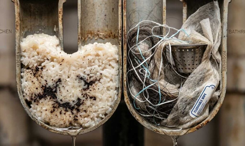 Macro view of a pipe P-trap clogged by expanded white rice (kitchen) and a separate clog of tangled floss and wipes (bathroom).