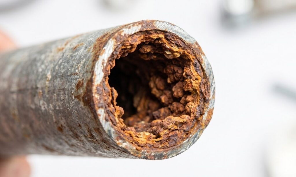 Close up view of severe rust inside an old galvanized pipe causing dirty tap water.