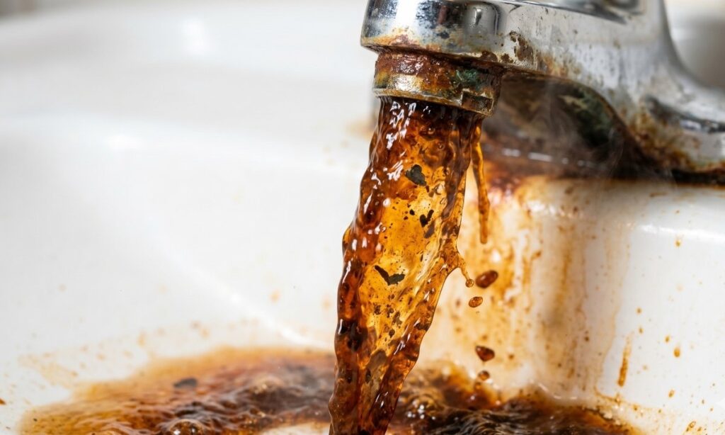 Rusty discolored hot water flowing from a kitchen faucet, a warning sign of a failing water heater