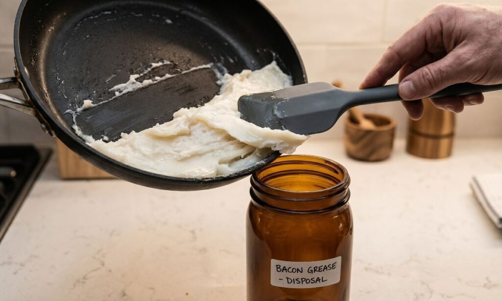 Person scraping white, solidified bacon grease from a frying pan into a glass jar for safe disposal.