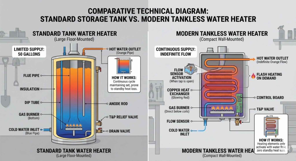 A comparison chart explaining why hot water runs out so fast in tanks vs tankless.