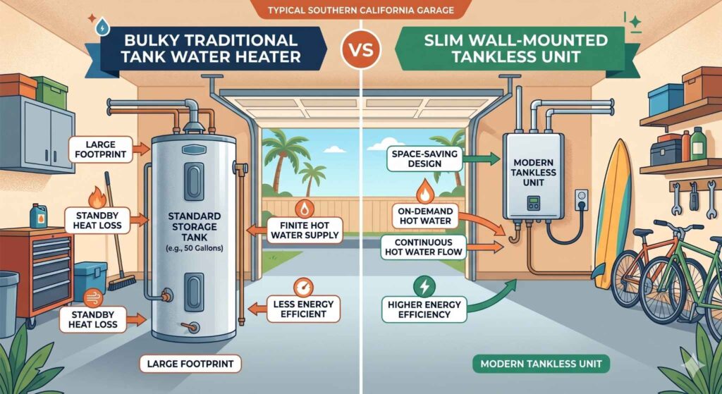 Side-by-side comparison of a traditional tank and modern tankless water heater in a Los Angeles garage