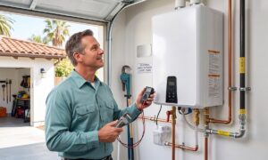 Licensed plumber installing a tankless water heater in a Los Angeles home garage