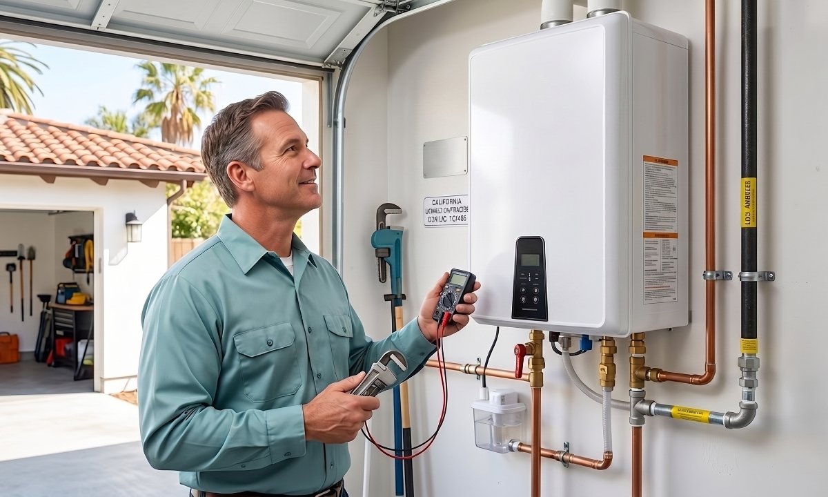 Licensed plumber installing a tankless water heater in a Los Angeles home garage