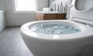A close-up of a clean toilet bowl filling with water, showing an emergency scenario in a modern bathroom.