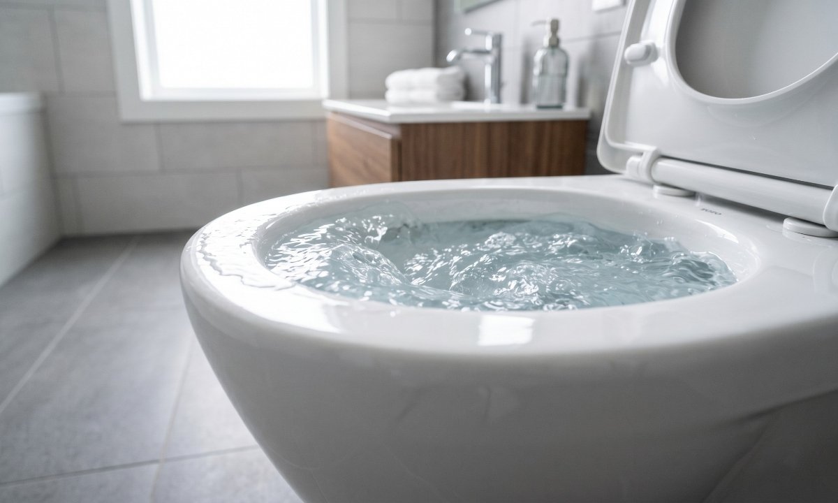 A close-up of a clean toilet bowl filling with water, showing an emergency scenario in a modern bathroom.