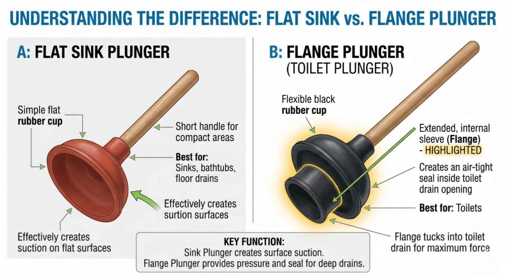 A comparison diagram showing a flat sink plunger next to a heavy-duty rubber flange plunger for toilets.
