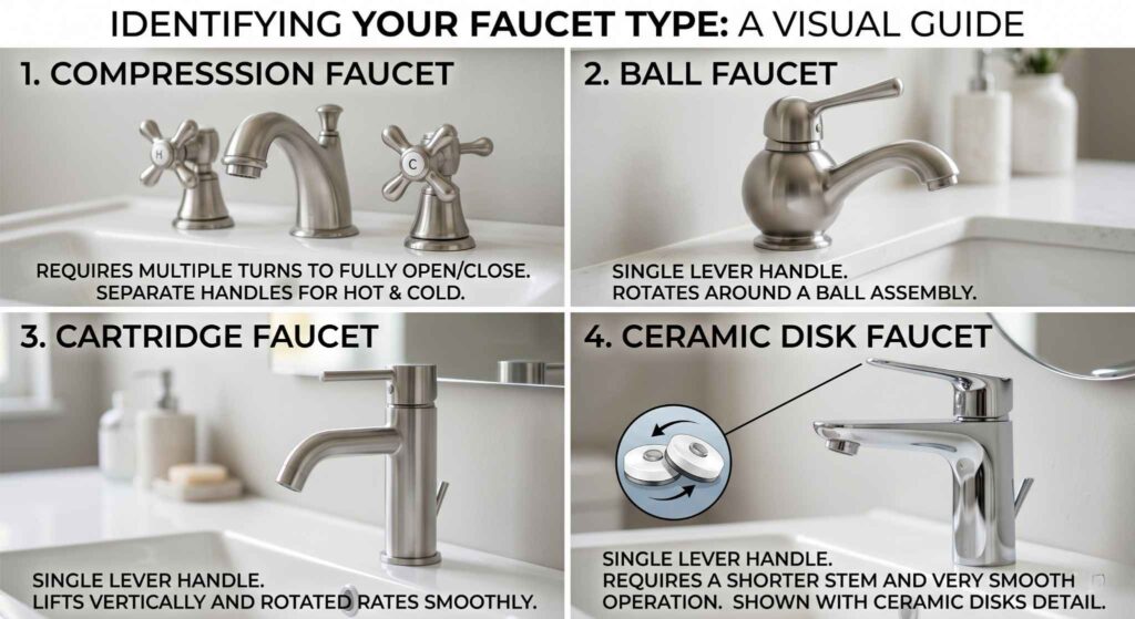 A visual comparison of compression, ball, cartridge, and ceramic disk faucets to help with identification.