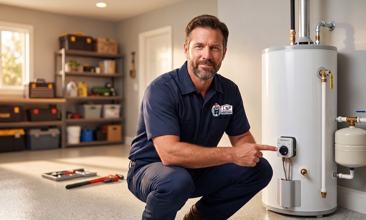 Licensed plumber inspecting a residential water heater in a San Fernando Valley home