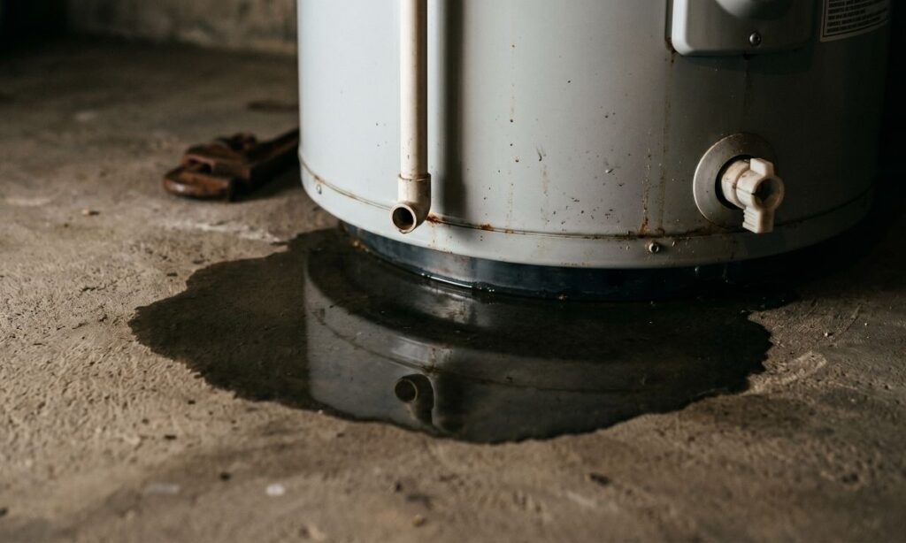 Water pooling around the base of a water heater tank indicating a serious leak and potential tank failure