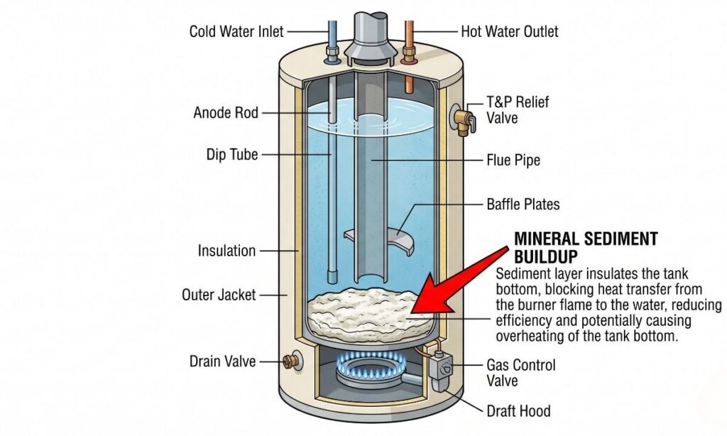 An illustration showing sediment buildup causing hot water to run out so fast.
