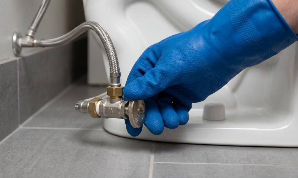 A hand in a blue rubber glove turning off the water supply valve located behind an overflowing toilet.